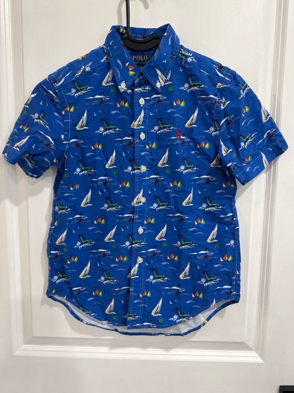 Polo Ralph Lauren Boys 8 Blue Sailboat Print Button Down Shirt Short Sleeve - Picture 1 of 6
